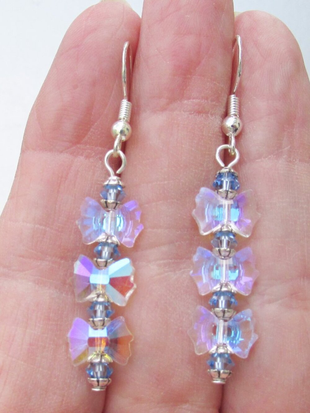 Handmade Sterling Silver 3 BOWs Aurora Borealis Crystal Dangle Pierced Earrings